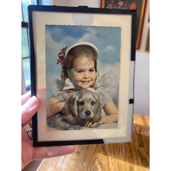 Vintage Framed Little Girl & Puppy Portrait Print - Picture 2 of 4